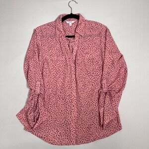 Candies Button Down Blouse Womens Small Pink Purple Animal Print Roll Tab Sleeve